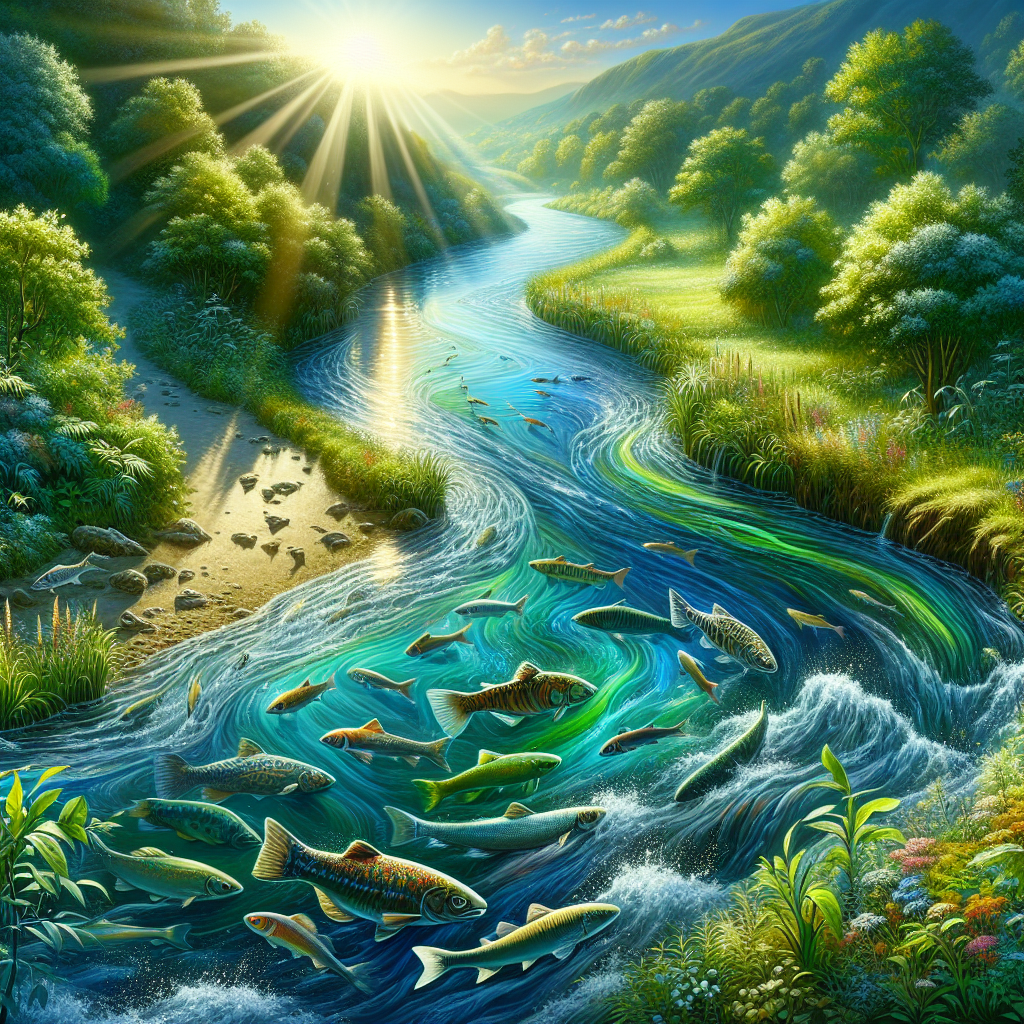 A serene stream flowing through lush greenery, symbolizing hope and renewal for freshwater fish populations through sustainable quotas.