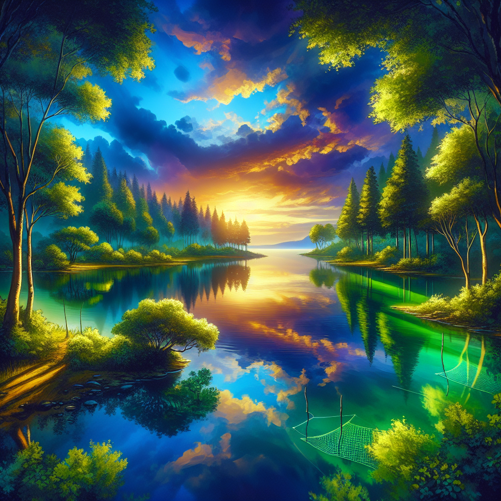 A serene lake reflecting the sky, surrounded by lush greenery, with a focus on innovative conservation efforts to tackle the decline of freshwater fish populations.