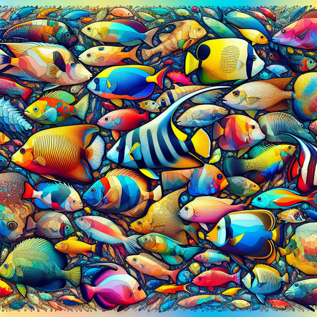A vibrant collage showcasing the 15 most popular new fish species, each with unique colors and patterns, celebrating oceanic biodiversity.