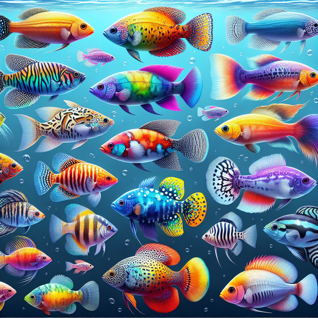 Fifteen vibrant and colorful emerging fish species, each showcasing unique patterns and hues, swimming gracefully in crystal-clear waters.